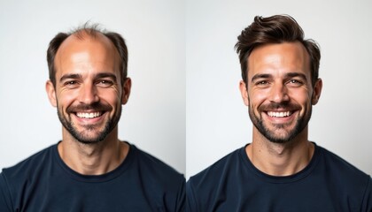 Smiling man shows hair restoration change. Before and after hair growth comparison. He looks happy, confident with new hairline. Improved youthful appearance.