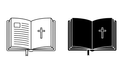 Prayer Book Icons with cross on the cover in Outline and Solid Black Vector.