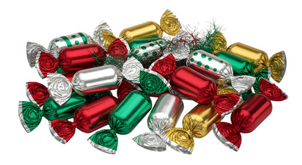Pile of colorful christmas candies isolated on transparent background