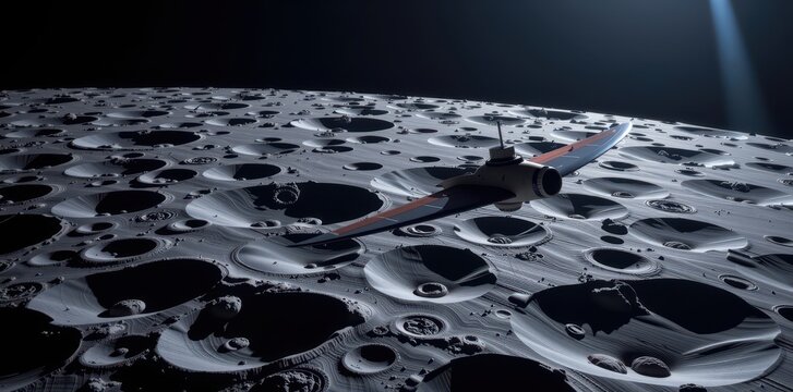 Sleek lunar orbiter glides silently above the cratered lunar surface, a beacon of exploration in the void, thingamajig, contraption, equipment