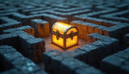Glowing treasure chest in center of complex maze. Reward as concept of challenge for business life. Success, leadership, problem solving. Searching path, finding solution in labyrinth. Opportunity,