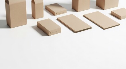 Fototapeta premium Various brown kraft paper cardboard boxes laid out on a white surface, showcasing sustainable packaging for eco-friendly product shipment.