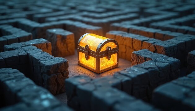 Glowing treasure chest in center of complex maze. Reward as concept of challenge for business life. Success, leadership, problem solving. Searching path, finding solution in labyrinth. Opportunity,