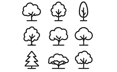 Collection of simple tree illustrations showcasing various shapes and styles ideal for art projects or educational purposes