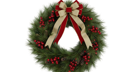 Christmas wreath isolated on transparent background, adorned with berries and bow