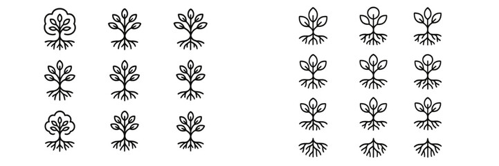 Variety of hand-drawn tree illustrations showcasing different styles and root designs in a simple layout