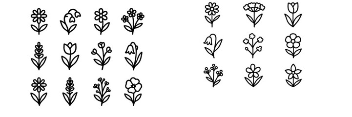 Different types of simple flower illustrations in black and white for design inspiration