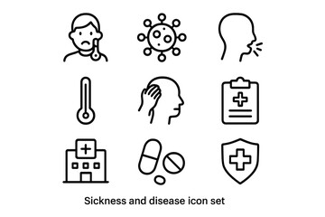 Icon set depicting various sickness and disease symbols including symptoms, treatment, and healthcare settings