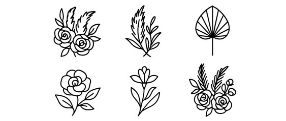 Elegant line drawings of various flowers and leaves for design inspiration and decoration