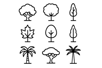 Different types of trees and plants drawn in simple black outlines on a white background illustrated in nine squares
