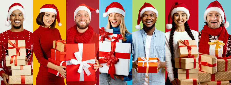 A group of happy individuals is dressed in festive attire, wearing Santa hats and holding wrapped gifts. The vibrant background creates a joyful atmosphere perfect for New Year celebrations. - Powered by Adobe