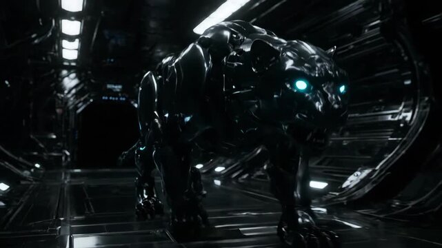 Robotic panther with glowing cyan eyes prowling spaceship corridor