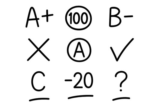 Grades displayed with symbols on a white background showing various academic scores and evaluations - Powered by Adobe