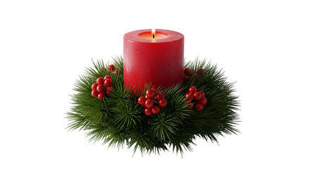 Festive red candle with berries and pine wreath isolated on transparent background