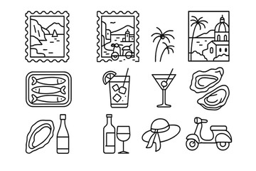 Picturesque coastal scenes featuring food and drinks, highlighting summer vibes and leisure activities