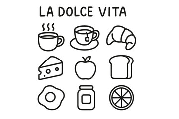 Breakfast items and coffee illustrated in a simple design showcasing La Dolce Vita lifestyle