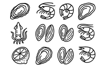 Fun hand-drawn sea food doodles showcasing shrimp, squid, oysters, and lemon in a playful arrangement
