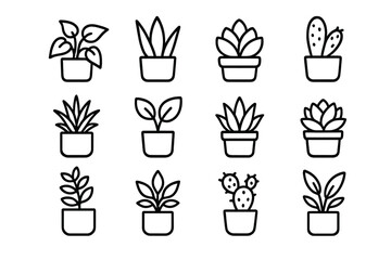 Collection of simple line drawings of various plants in pots arranged in a grid format for botanical art and decoration