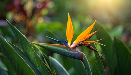 Obraz premium An exotic flower with vibrant orange and blue petals, resembling a bird in flight, illuminated by the sun. Lush green foliage frames the composition
