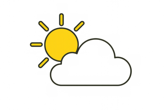 Sun showing behind a cloud representing partly cloudy weather conditions, ideal for design elements. Transparent background