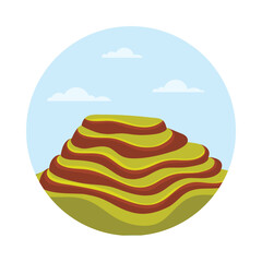 Isolated stylized Chinese terraced hill landscape with blue sky and clouds vector illustration