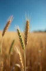Obraz premium Golden wheat field landscape under clear blue sky on summer day. Harvest time in countryside. Agriculture farm with ripening crops on sunny rural farmland. Grain plant close up.