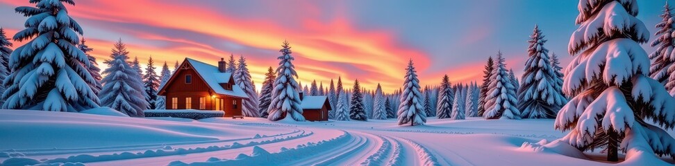 Naklejka premium Festive winter scene: snow-covered landscape with pine trees under a clear sky, ideal for Christmas cards and winter holiday designs, white, forest, december