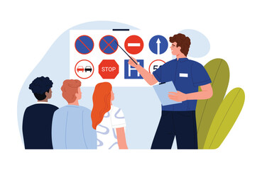 Driving school instructor explains road signs to students in an isolated classroom setting vector illustration
