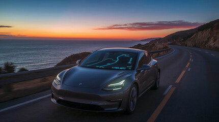 Obraz premium A sleek electric car drives along a coastal highway at sunset, its digital navigation system projected onto the windshield.