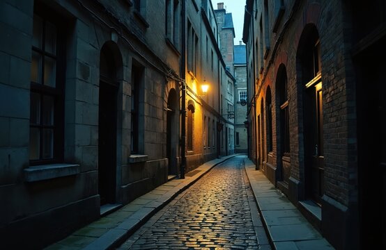 Old narrow London street at night with cobblestones and brick buildings. A single lamp post illuminates the quiet passage. Empty street, no people visible. - Powered by Adobe