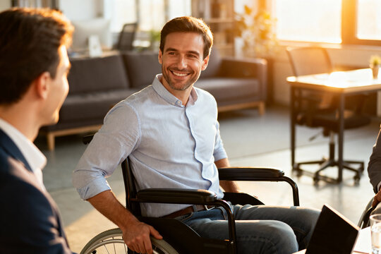 Inclusive workplace: smiling professional in wheelchair engaged in office discussion
