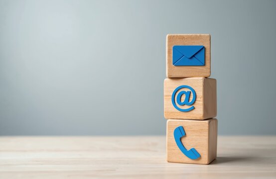 Three wooden blocks stacked vertically display icons for email, at symbol, and phone. These represent business communication methods for customer service and marketing.