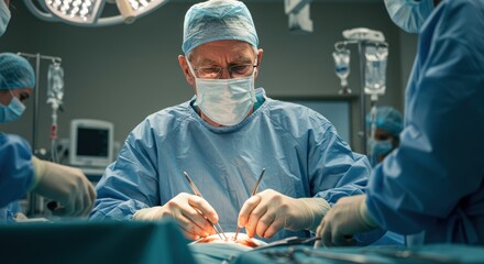 Medical professional performing surgery in an operating room setting using specialized surgical tools and equipment
