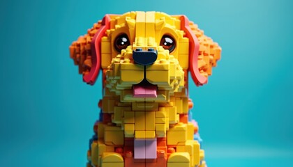 Naklejka premium Cute dog sculpture crafted from colorful building toy blocks stands on bright blue background. Yellow, orange puppy red ears, black nose, pink tongue out. Art represents childhood play, creativity,