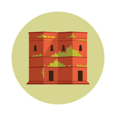 Old African fortress building with arched windows and overgrown plants, isolated on white vector illustration