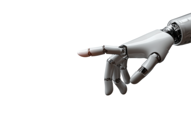 Robotic hand reaching forward in a close-up view showcasing advanced technology and design elements in a minimalist setting Generative AI