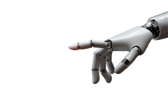 Robotic hand reaching forward in a close-up view showcasing advanced technology and design elements in a minimalist setting Generative AI