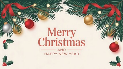  merry christmas and happy new banner design with realistic green decoration with space for copy , created with generative ai