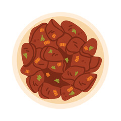 Top view of African stew with meat and herbs on white isolated background vector illustration