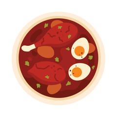 Top view of traditional African chicken stew with eggs and herbs on white isolated vector illustration