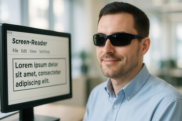 Assistive technology for visually impaired: man using screen reader in modern office setting