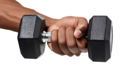 Strong hand gripping a black dumbbell during workout session at home or gym for exercise and fitness training Generative AI