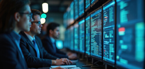 Three people in suits at computers analyze data on screens in dark room. Focused on screens showing code, charts in network operations center. Team works together monitoring system performance.