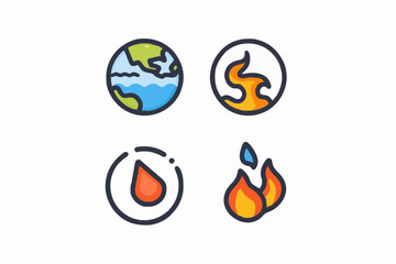 Vector Flat Style SVG Icon Set with Earth and Fire Symbols in Bright Colors for Web Design and Digital Applications