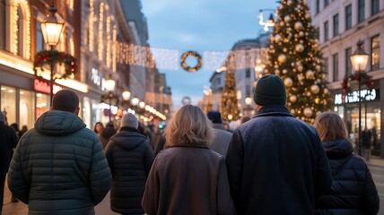 People walking in the city at christmas time, back view. Christmas and new year concept, created with generative ai