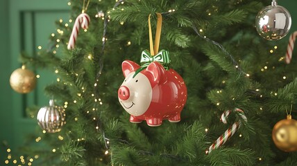 Piggy bank Christmas decoration hanging on a Christmas tree branch. Seasonal savings and costs, created with generative ai