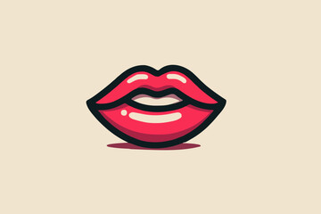 Icon Vector SVG Illustration of Lips in Modern Flat Style with Bold Black Outline and Vibrant Red Colors for Digital Graphic Design