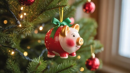 Piggy bank Christmas decoration hanging on a Christmas tree branch. Seasonal savings and costs, created with generative ai