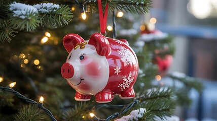 Piggy bank Christmas decoration hanging on a Christmas tree branch. Seasonal savings and costs, created with generative ai