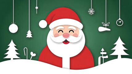 Santa Claus papercut style, Christmas background on a green background,, banner, poster, template, created with generative ai